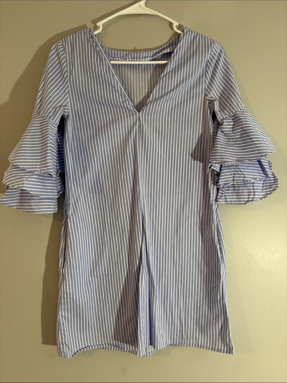 Zara Blue and White Vertical Stripe V-Neck Ruffle Sleeve Top